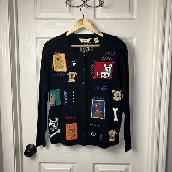 Bechamel Black Button Front Dog Bones Embroidered Grannycore Sweater Size Large - Picture 2 of 9